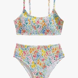 OYOANGLE Girls Floral Smocked Bikini Set Size 13Y NWOT High Waisted Two Piece